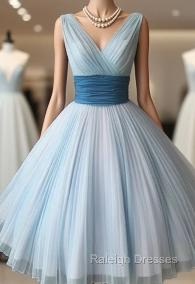 Cute Retro V Neck Blue Short Prom Dress, Bridesmaid Dress