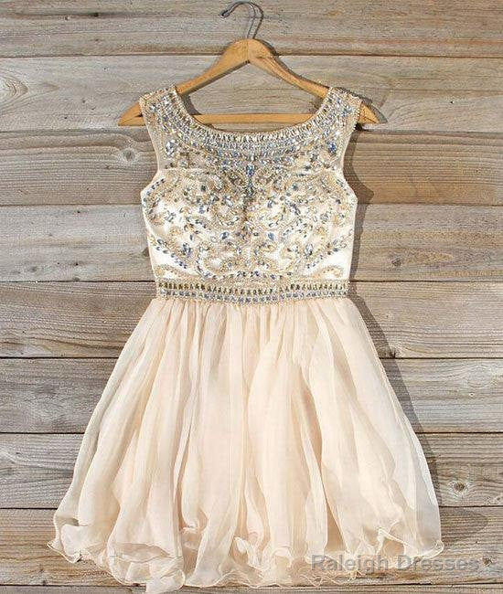 Cute Round Neck Bead Apricot Short Prom Dresses Homecoming Dresses