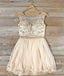 Cute Round Neck Bead Apricot Short Prom Dresses Homecoming Dresses