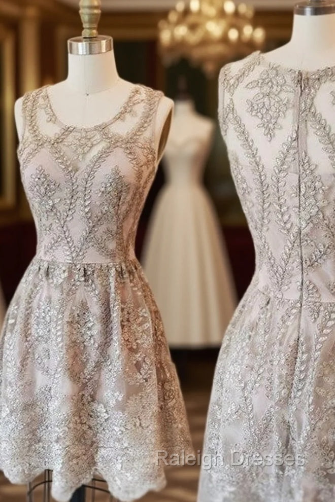 Cute Round Neck Lace Short Prom Dress, Homecoming Dress, Bridesmaid Dress Main image