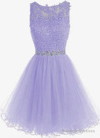 Cute Round Neck Lace Short Purple Prom Dress Purple Homecoming Dress
