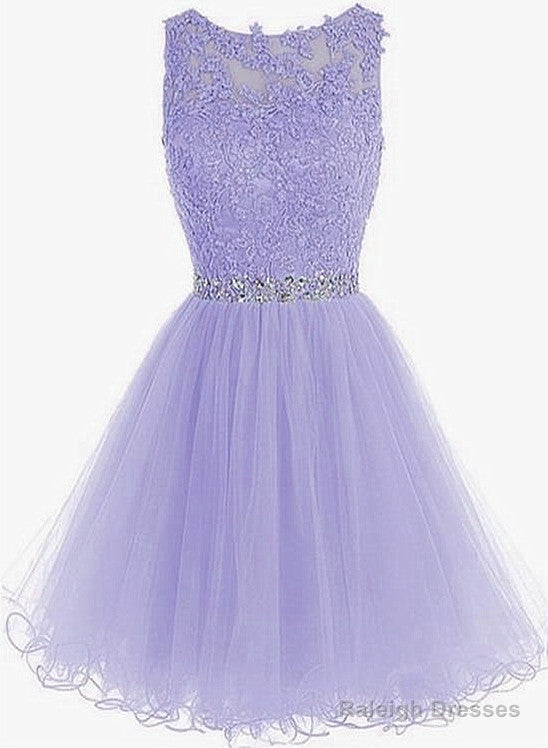 Cute Round Neck Lace Short Purple Prom Dresses, Purple Homecoming Dresses Main image