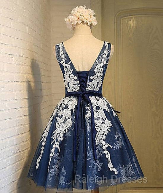 Cute Round Neck Lace Tulle Dark Blue Short Prom Dress, Bridesmaid Dress
