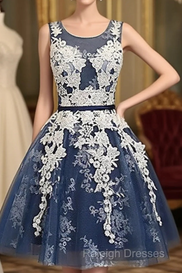 Cute Round Neck Lace Tulle Dark Blue Short Prom Dress, Bridesmaid Dress Main image