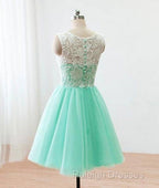 Cute Round Neck Lace Tulle Short Green Prom Dresses Bridesmaid Dresses