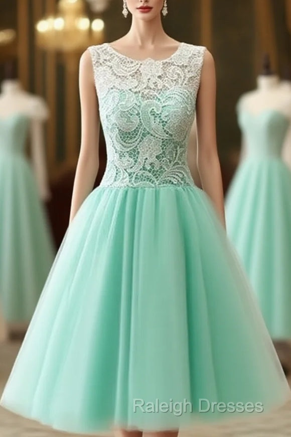Cute Round Neck Lace Tulle Short Green Prom Dress, Bridesmaid Dress Main image