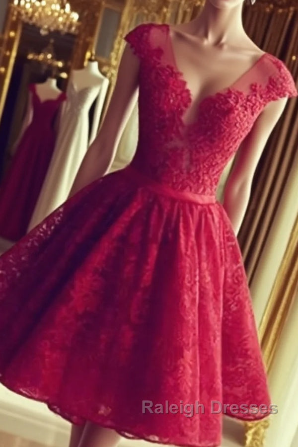 Cute Round Neck Red Lace Short Prom Dresses, Red Homecoming Dresses Main image