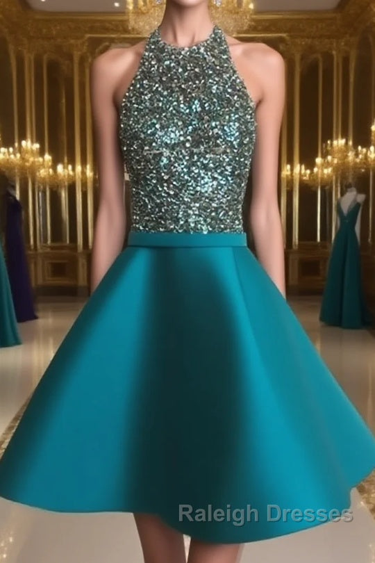 Cute Round Neck Sequin Backless Green Short Prom Dresses, Green Homecoming Dresses