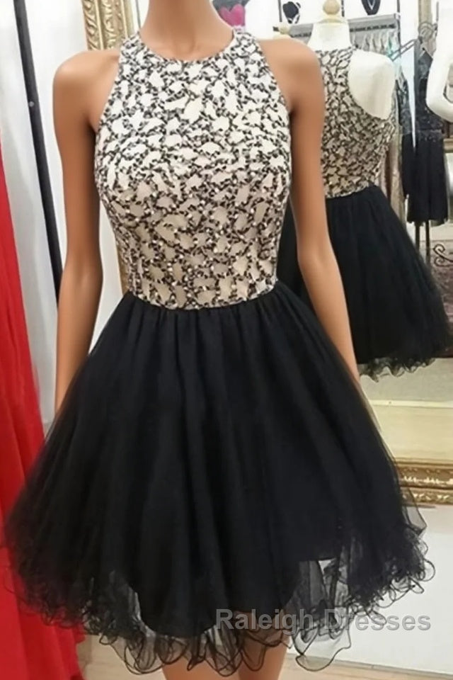 Cute Round-Neck Sequin Tulle Short Black Prom Dresses, Black Homecoming Dresses Main image