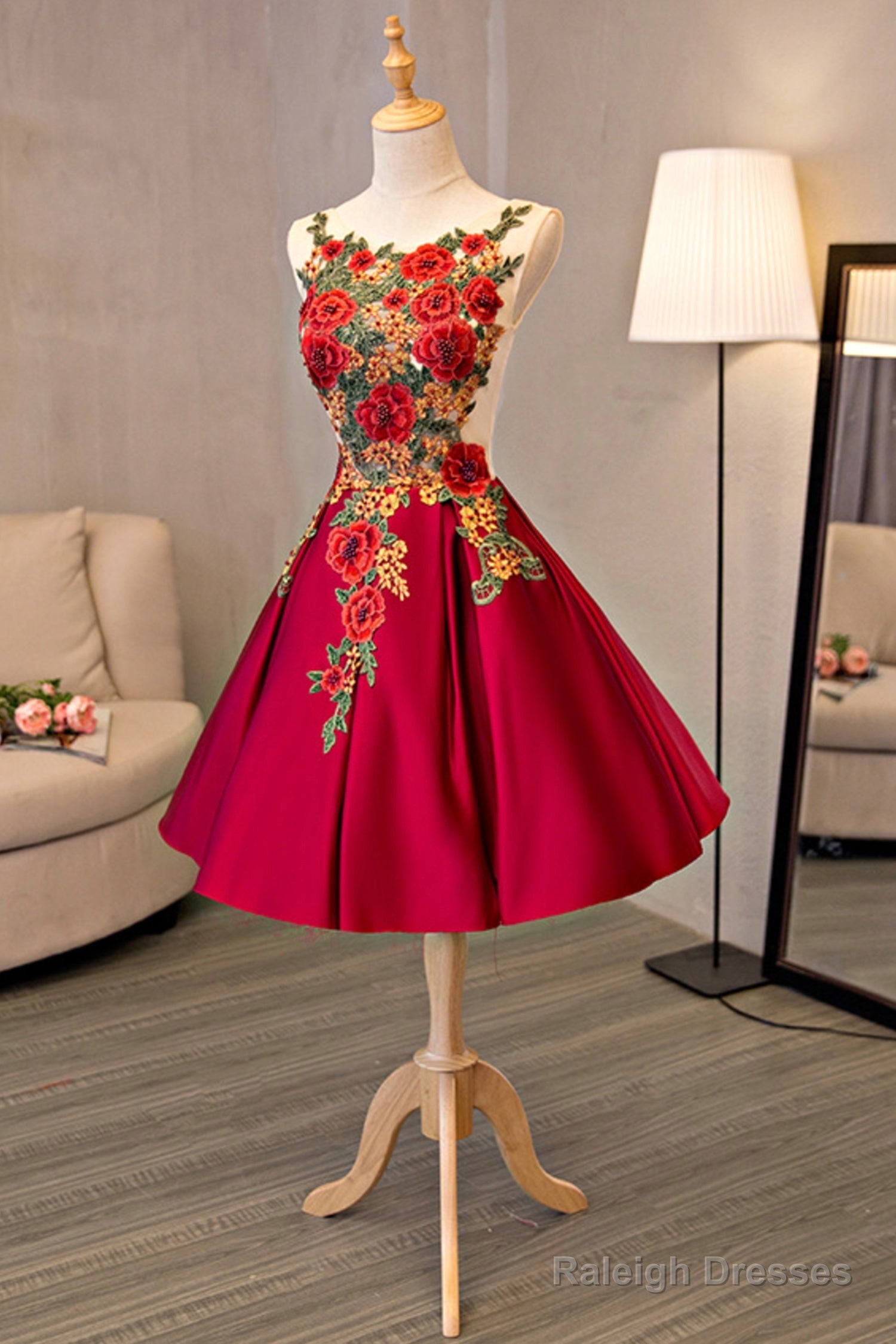 Cute Saitn Lace Short Prom Dresses, A-Line Party Dresses