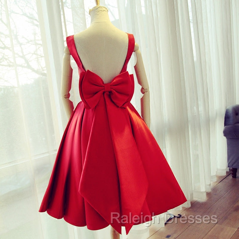 Cute Satin Bow Back Prom Dresses, Red Short Homecoming Dresses