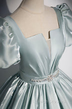 Cute Satin Floor Length Prom Dresses A-Line Short Sleeve Prom Dresses