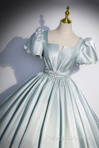 Cute Satin Floor Length Prom Dress, A-Line Short Sleeve Evening Party Dress