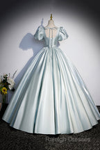 Cute Satin Floor Length Prom Dress, A-Line Short Sleeve Evening Party Dress