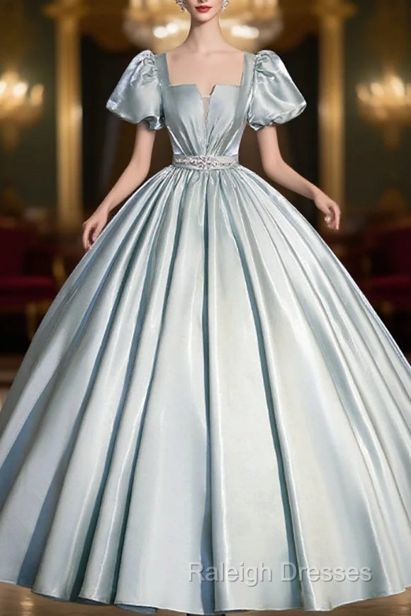 Cute Satin Floor Length Prom Dress, A-Line Short Sleeve Evening Party Dress Main image