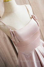 Cute Satin Long A-Line Pink Prom Dress, Spaghetti Straps Evening Dress