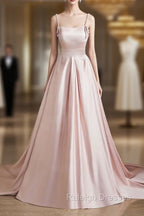 Cute Satin Long A-Line Pink Prom Dress, Spaghetti Straps Evening Dress