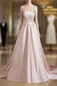 Cute Satin Long A-Line Pink Prom Dress, Spaghetti Straps Evening Dress