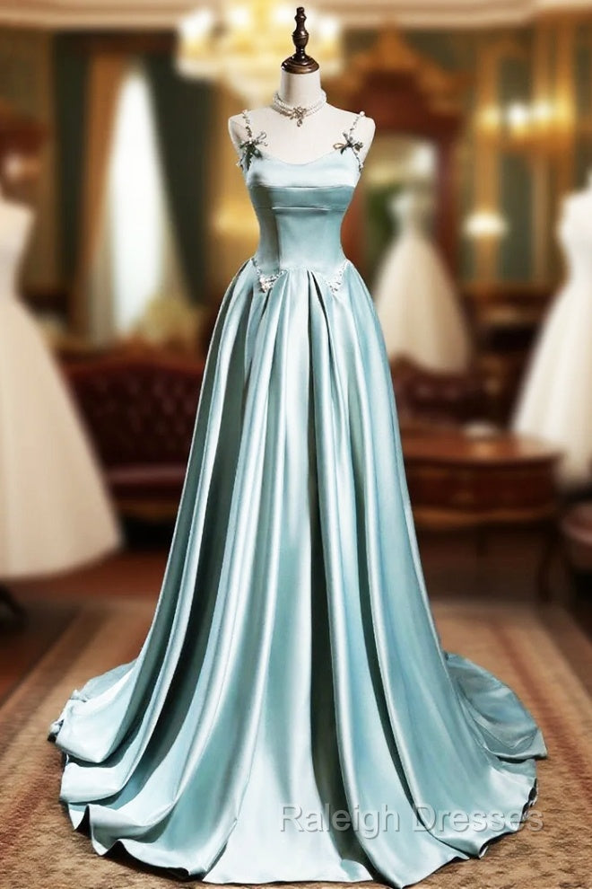 Cute Satin Long A-Line Prom Dress, Ice Blue Spaghetti Straps Evening Dress