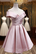 Cute Satin Pink Sweetheart Off Shoulder Knee Length Prom Dress, Short Prom Dress