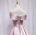 Cute Satin Pink Sweetheart Off Shoulder Knee Length Prom Dress, Short Prom Dress