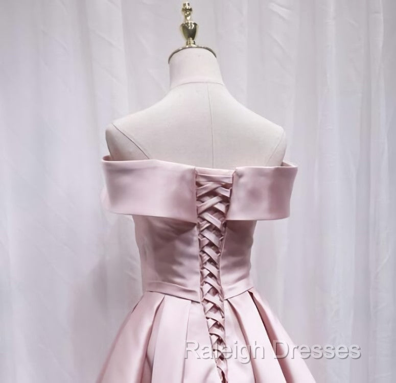 Cute Satin Pink Sweetheart Off Shoulder Knee Length Prom Dress, Short Prom Dress
