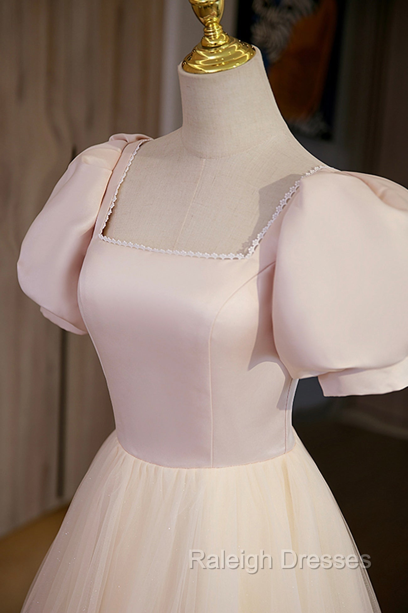 Cute Satin Tulle Long Prom Dress, A Line Short Sleeve Prom Dress Secondary image