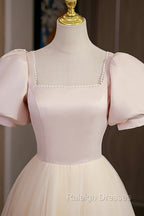 Cute Satin Tulle Long Prom Dress, A Line Short Sleeve Prom Dress
