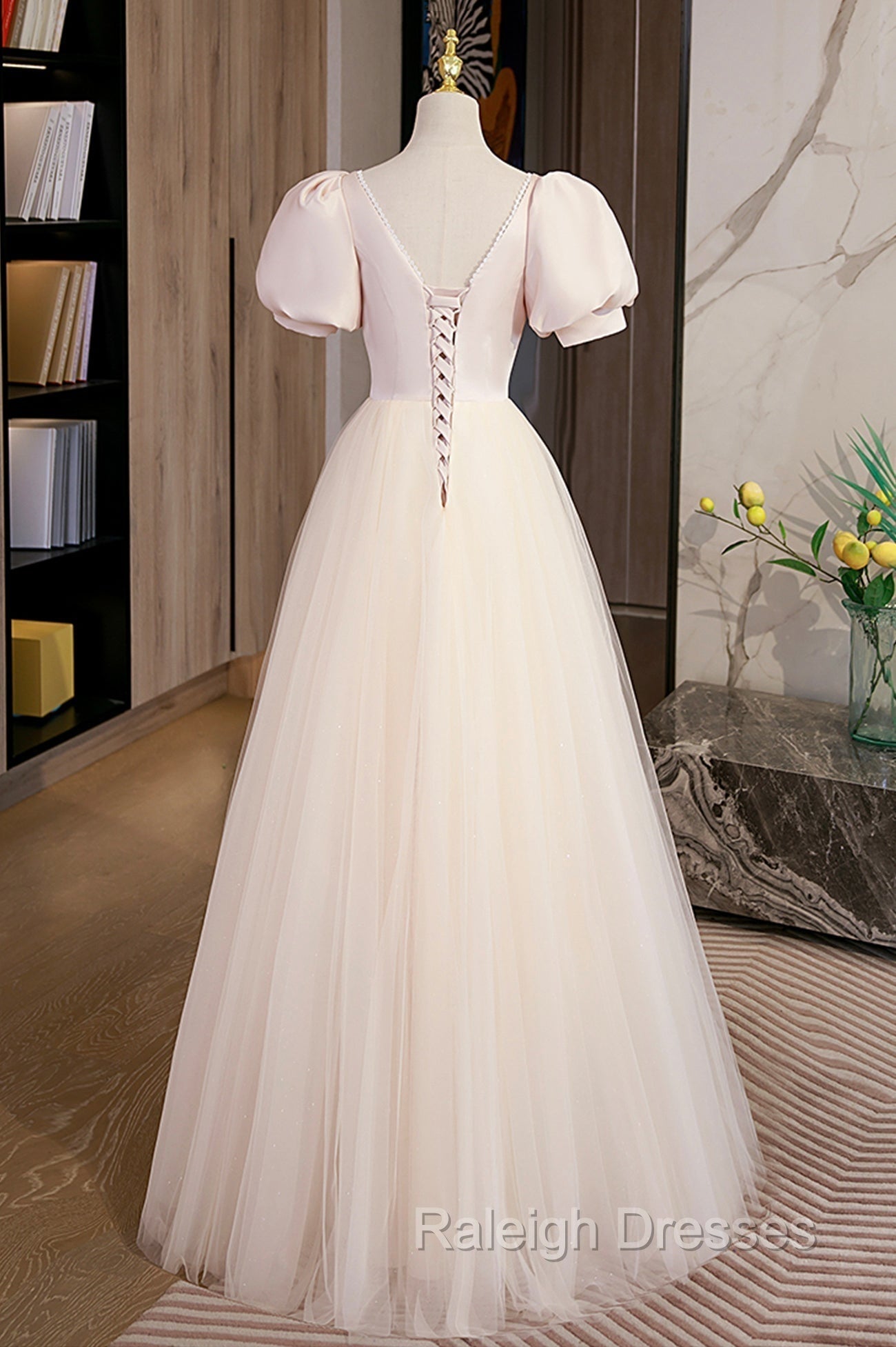 Cute Satin Tulle Long Prom Dress, A Line Short Sleeve Prom Dress