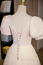 Cute Satin Tulle Long Prom Dress, A-Line Short Sleeve Evening Dress