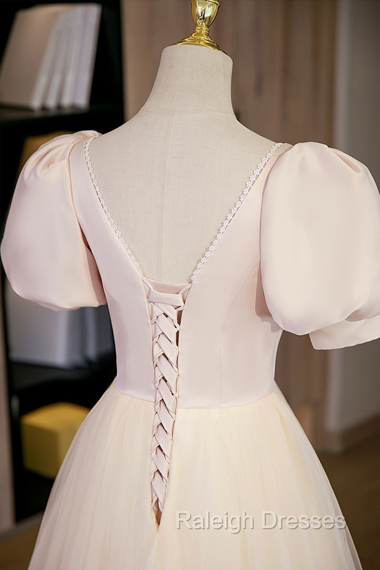 Cute Satin Tulle Long Prom Dress, A-Line Short Sleeve Evening Dress