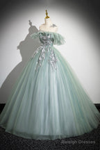 Cute Scoop Neckline Tulle Long Prom Dress With Lace, A-Line Off The Shoulder Evening Party Dress