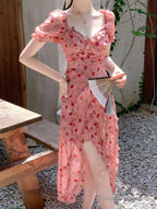 Cute Sheath V Neckline Ruffled Pink Chiffon Floral Beach Dress WomenS Vacation Dresses