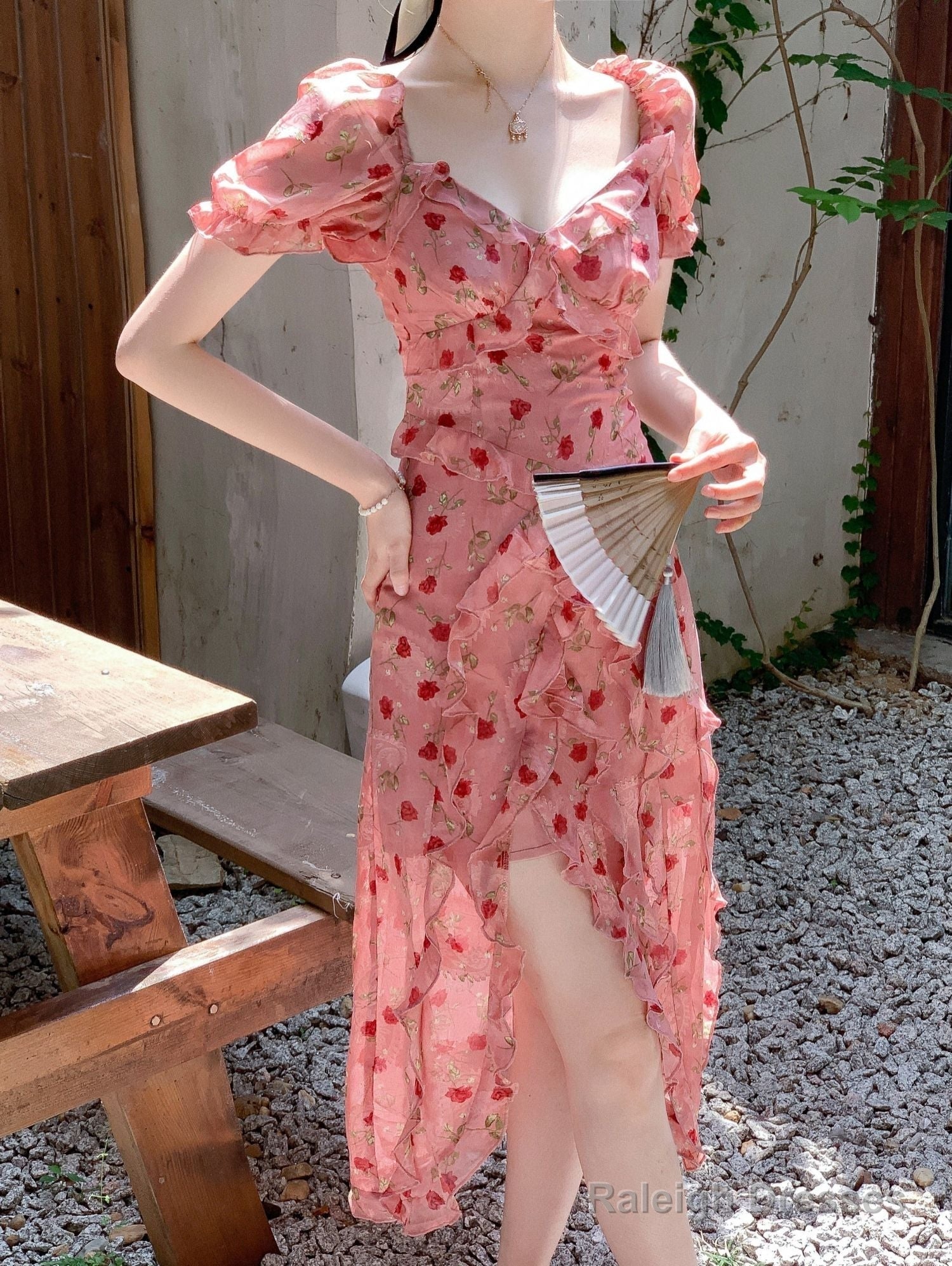 Cute Sheath V Neckline Ruffled Pink Chiffon Floral Beach Dress WomenS Vacation Dresses