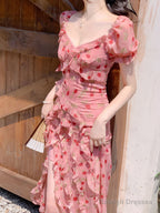 Cute Sheath V Neckline Ruffled Pink Chiffon Floral Beach Dress WomenS Vacation Dresses