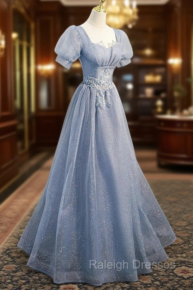 Cute Shiny Tulle Long Prom Dress, A Line Short Sleeve Prom Prom Dress