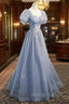 Cute Shiny Tulle Long Prom Dress, A Line Short Sleeve Prom Prom Dress