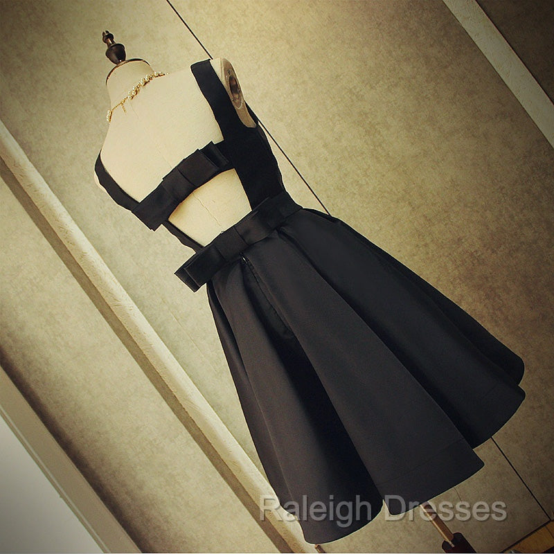 Cute Short Black Satin Knee Length Homecoming Dresses Black Prom Dresses