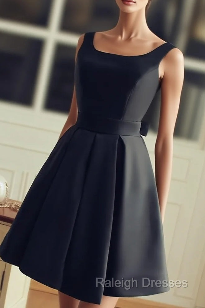 Cute Short Black Satin Knee Length Homecoming Dress, Black Party Dress Main image