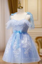 Cute Short Blue Lace Prom Dresses, Short Blue Lace Formal Graduation Dresses