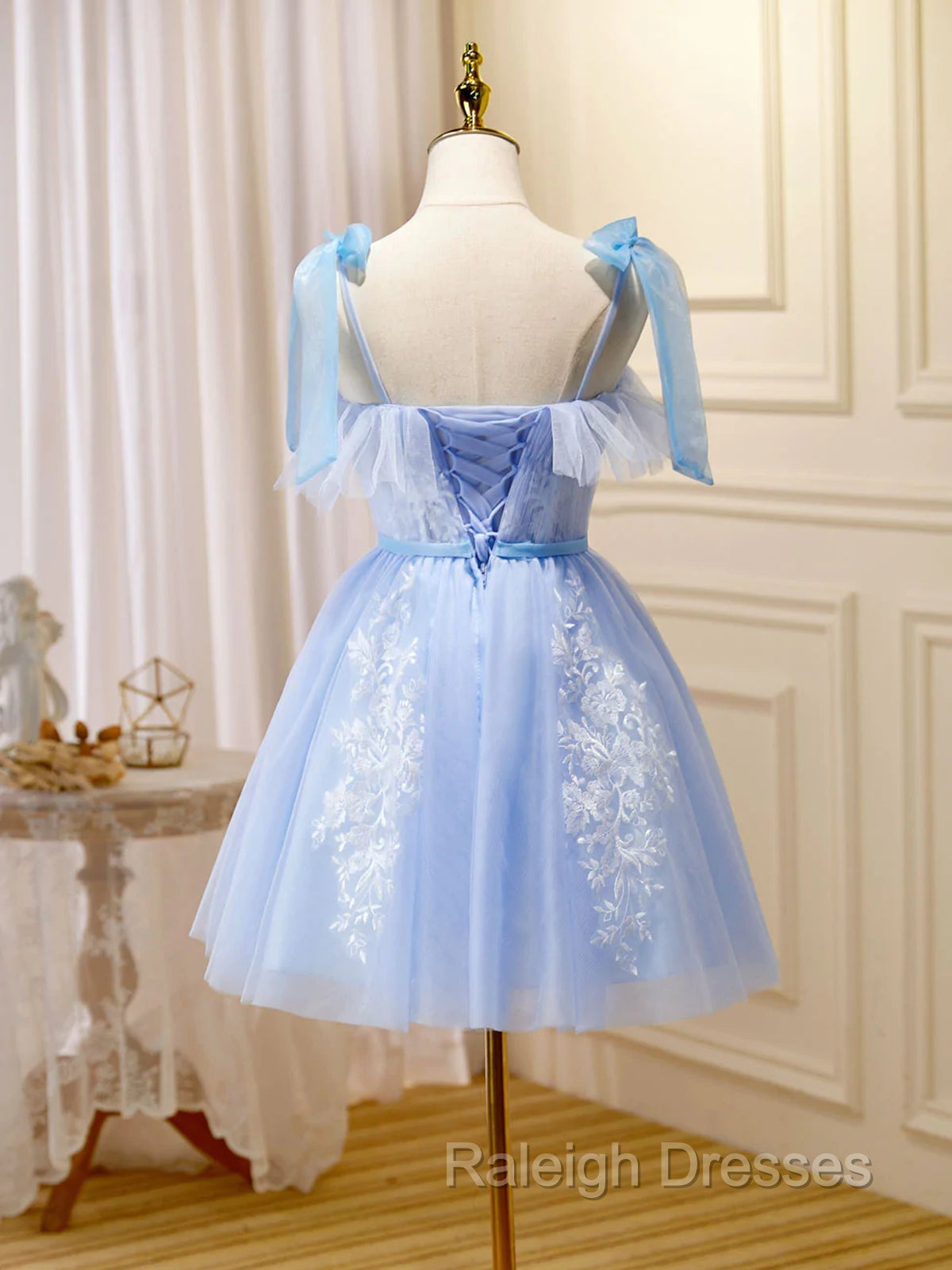 Cute Short Blue Lace Prom Dresses, Short Blue Lace Formal Graduation Dresses
