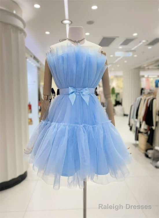 Cute Short Blue Tulle Party Dress With Bow, Lovely Formal Dresses Homecoming Dress Main image