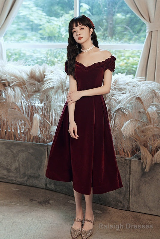 Cute Short Burgundy Sweetheart Off Shoulder Tea Length Party Dress, Velvet Prom Dress Secondary image