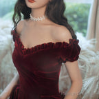 Cute Short Burgundy Sweetheart Off Shoulder Tea Length Prom Dresses Velvet Prom Dresses