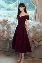 Cute Short Burgundy Sweetheart Off Shoulder Tea Length Prom Dresses Velvet Prom Dresses