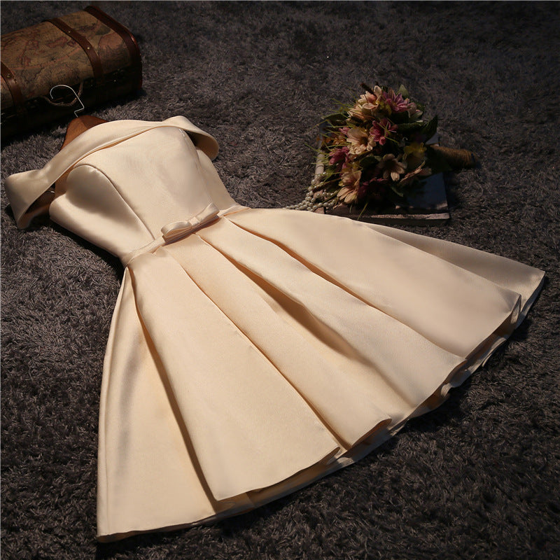 Cute Short Champagne Satin Prom Dresses Off Shoulder Prom Dresses