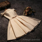 Cute Short Champagne Satin Prom Dress,Off Shoulder Prom Dresses