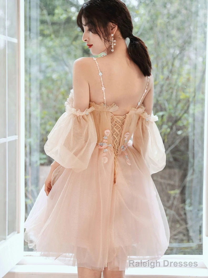 Cute Short Off Shoulder Tulle With Flowers Party Dress, Short Homecoming Dresses