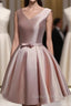 Cute Short Satin Pink V-neckline Knee Length Party Dress, Pink Prom Dress Homecoming Dress