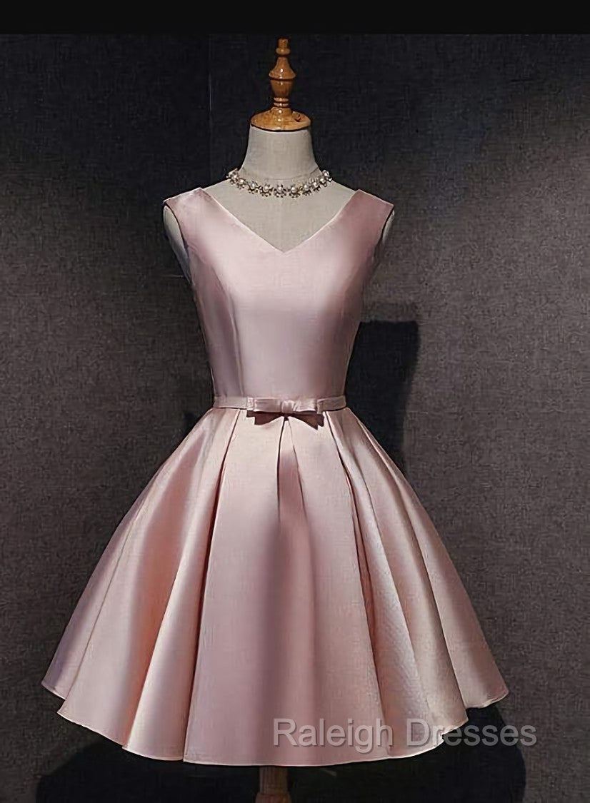 Cute Short Satin Pink V-neckline Knee Length Party Dress, Pink Prom Dress Homecoming Dress Main image